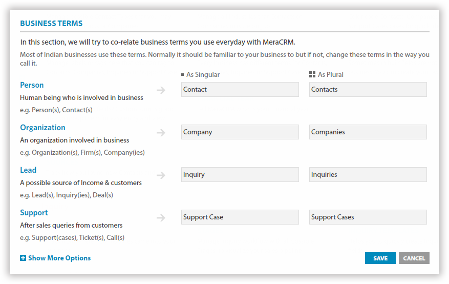 Easy customization in MeraCRM - use local words for business terms related to support service.