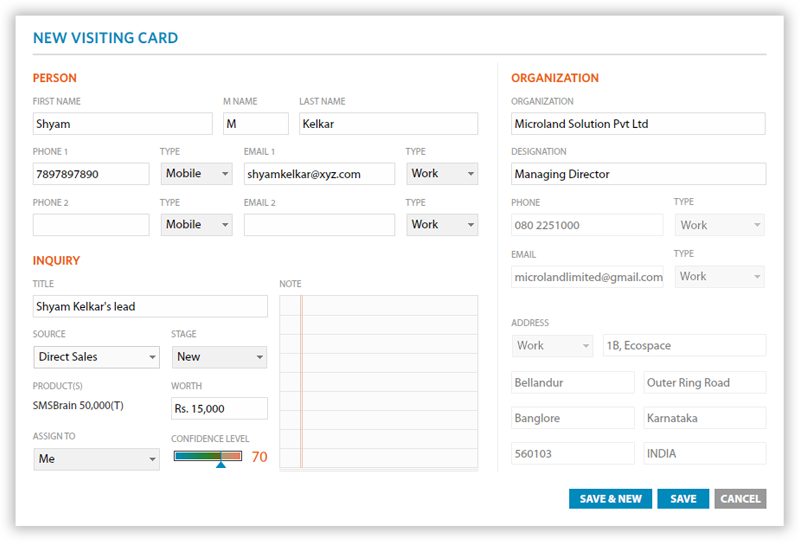 A single visiting card entry to create a Person, Lead and Client at the same time.